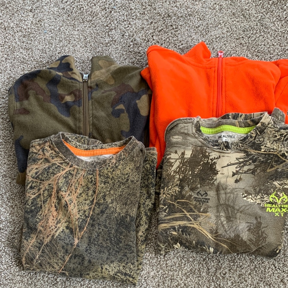 Kids size 8 Orange & Camo Hunting Camping Pullover half zip and shorts bundle